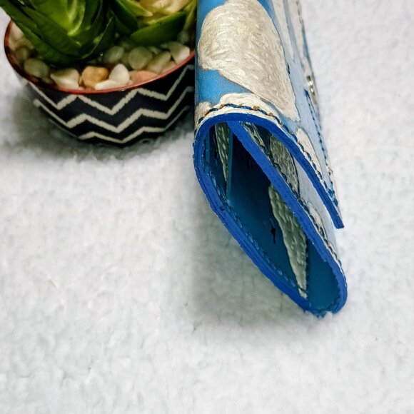 Hand Painted "Clouds&Birds In The Sky" Long Wallet Blue/White/Black - Picture 10 of 12